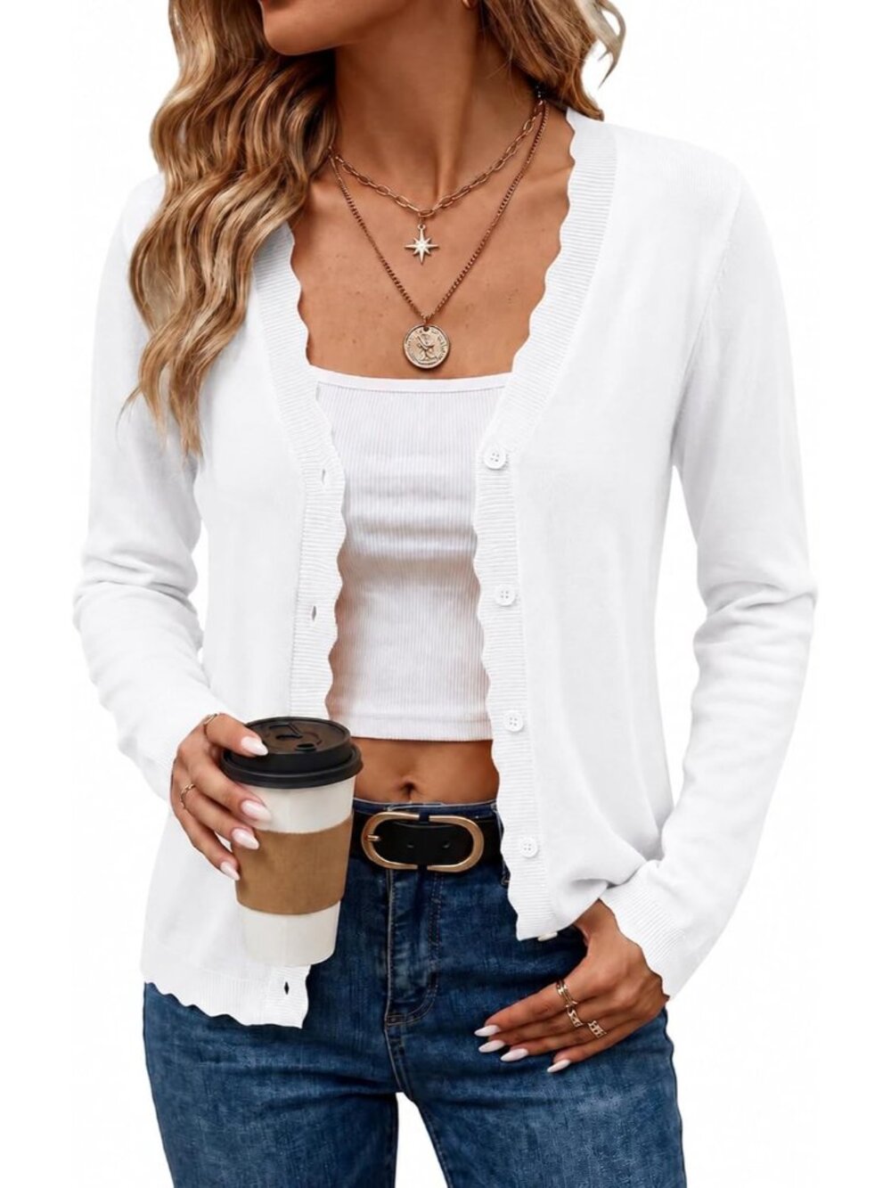 🆕Women's All White V Neck Knit Cardigan Sweater Scalloped Trim Button Front